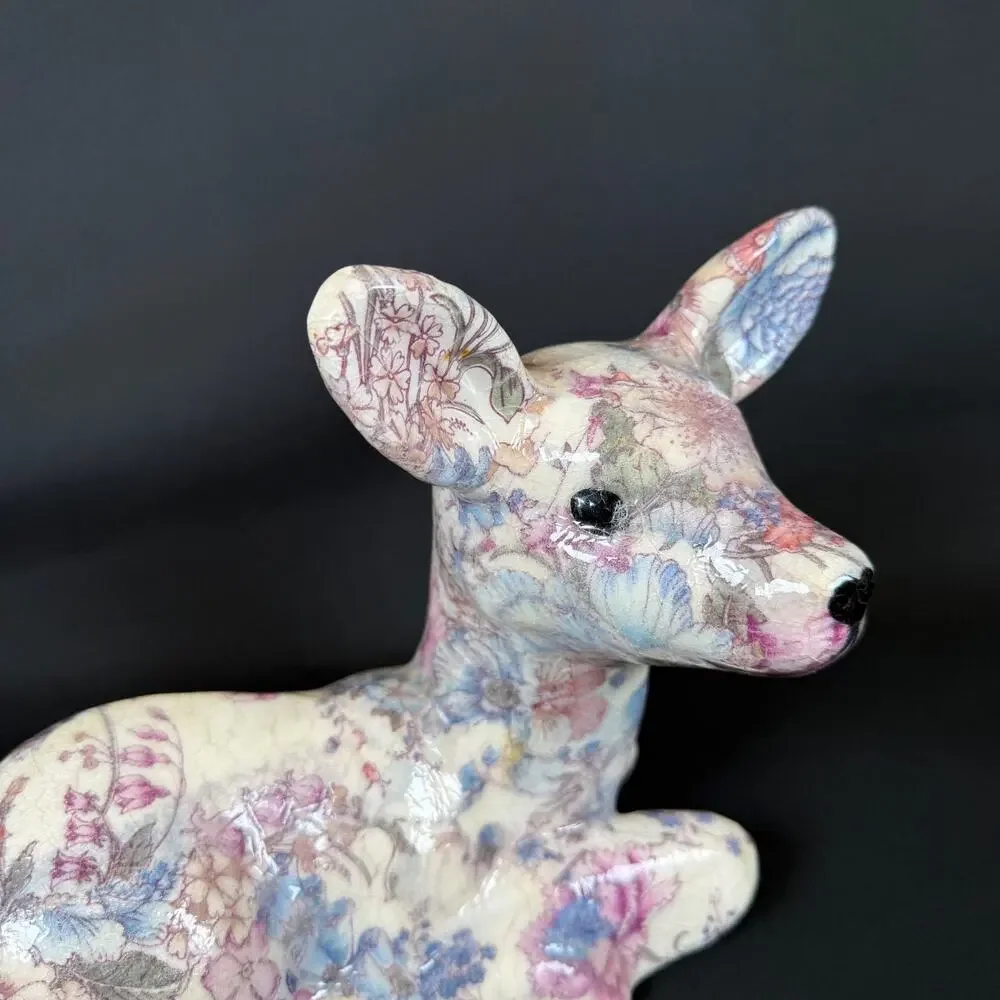 Floral Decoupage Lying Deer Figurine Ceramic Sculpture h8